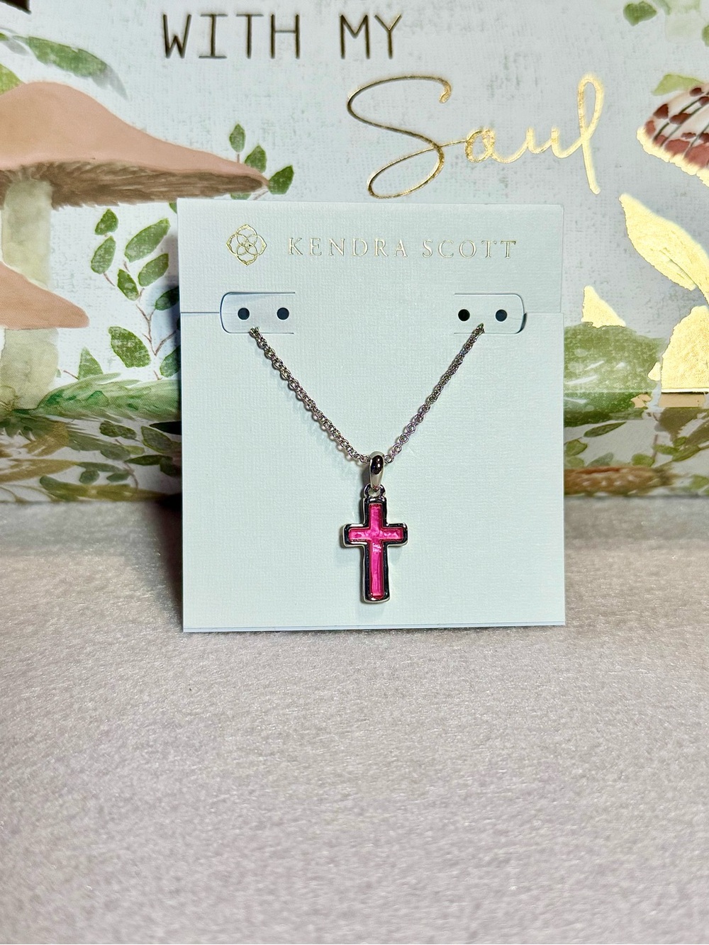 Kendra Scott Glowing Pink Cross Pendant Necklace - Silver Tone Chain New